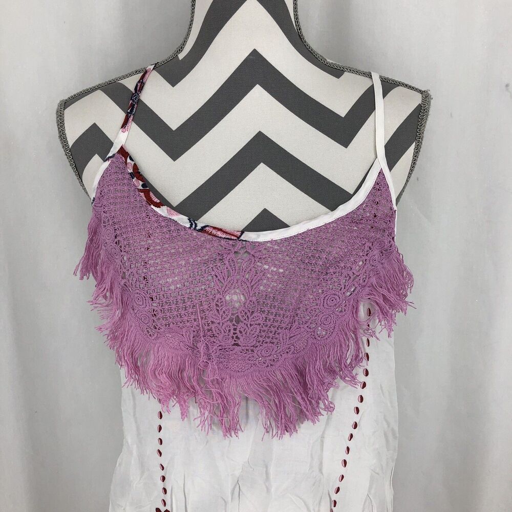 Velzera Sleeveless White Pink Floral Lace Fringe Beach Coverup Sundress 2XL NWT